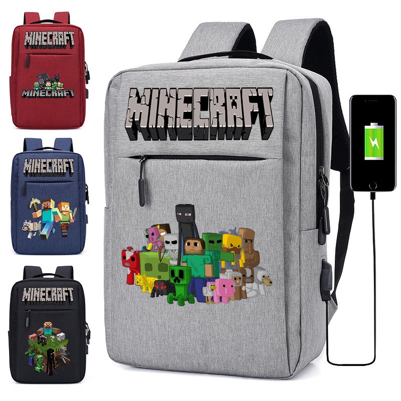 Minecraft กระเป๋าเป้สะพายหลัง กระเป๋านักเรียน ใส่แล็ปท็อป ลายการ์ตูนอนิเมะ อินเตอร์เฟซ USB สําหรับผู้ชาย และผู้หญิง