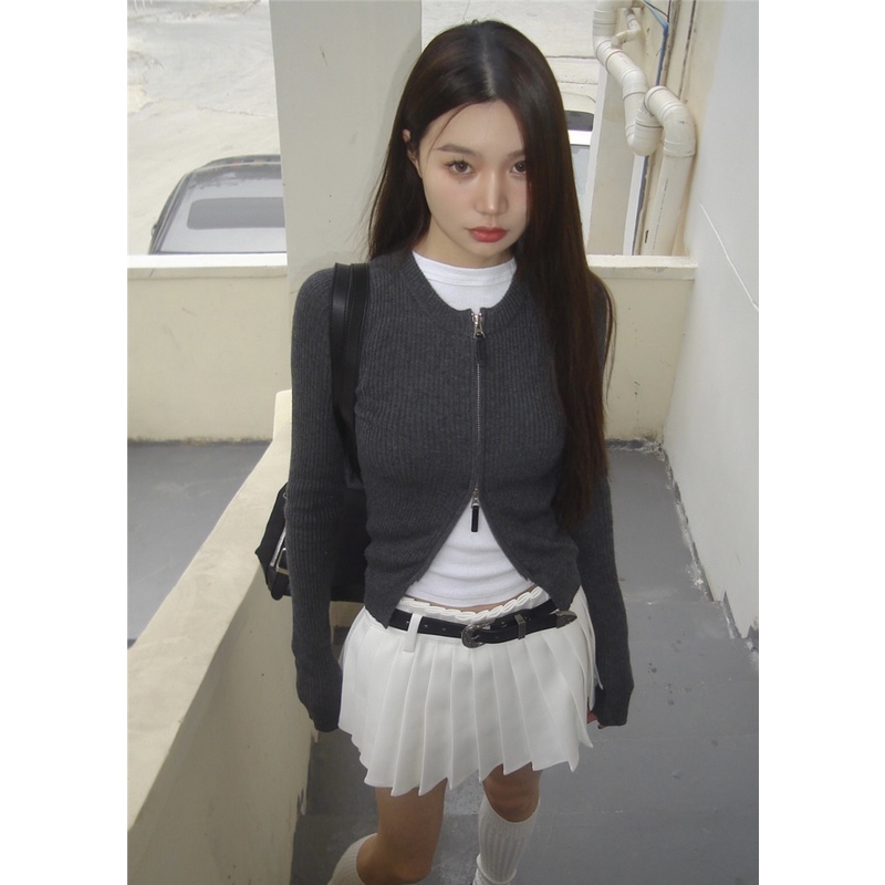 {MOTEL7} ทุกการแข่งขันการออกแบบความรู้สึกรอบคอสลิมฟิตคู่หัวซิปถักคาร์ดิแกนสีเทาระดับไฮเอนด์ถักด้านบน