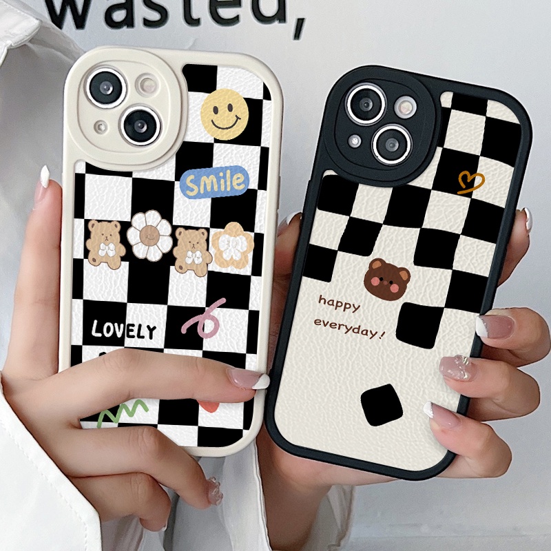 เคสโทรศัพท์มือถือหนัง ลายหมี ตาราง สําหรับ OPPO A98 A78 A83 Reno 8T A96 A76 A5s A12 A7 A15s A53 A3s 