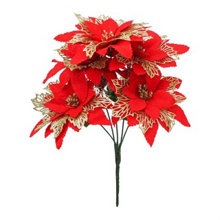 อุปกรณ์เสริมต้นคริสต์มาส ดอก Poinsettia สีแดง สีทอง ขนาดใหญ่ 5 หัว