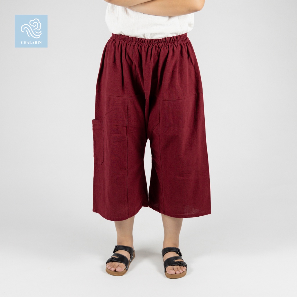 สีแดงเข้ม (ความยาว 3 แบบ) กางเกงเล กางเกงสะดอ กางเกงขาก๋วย ผ้าฝ้าย เอวยางยืด
