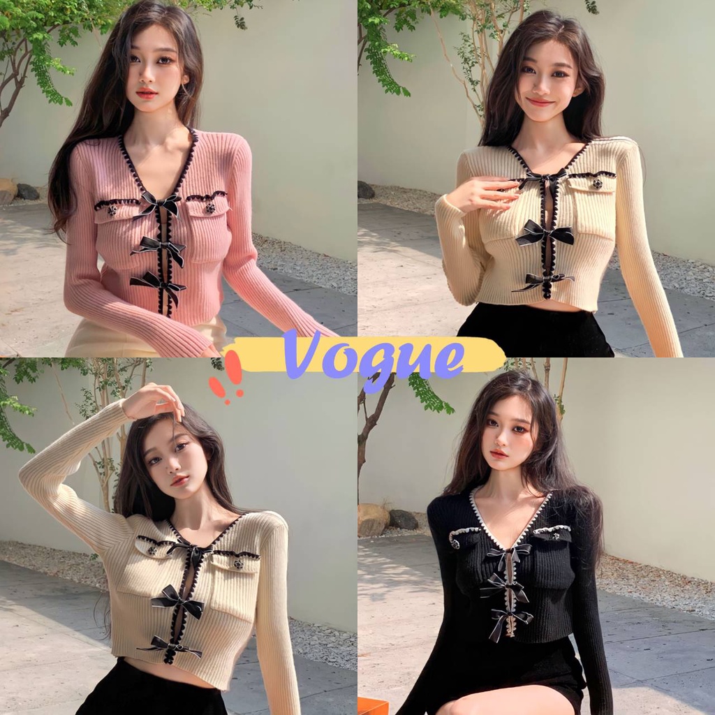 Vogue พร้อมส่ง เสื้อไหมพรมแขนยาว มีโบว์ติด3อันน่ารักมากเกาหลีมาก (32145) -N
