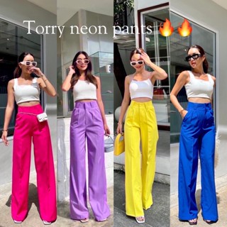 Torry neon pants ป้ายpromthong กางเกงขายาวทรงกระบอกใหญ่ เอวสูง หูคู่