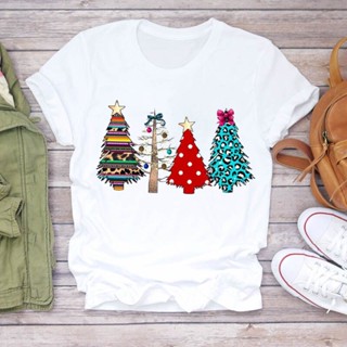 T-Leopard Snow Tree Star New Year Merry Christmas T Shirts Women Graphic Female Top Tshirt Ladies Tee T-Shirt