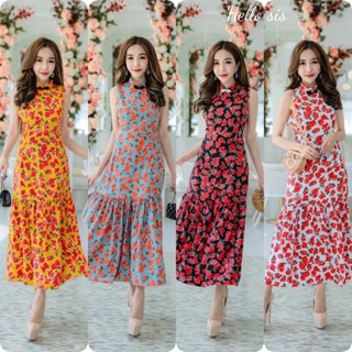 Maxi Dress แม็กซี่เดรสแขนกุด คอจีนสไตล์กี่เพ้า พิมพ์ลายดอก ชายเดรสแต่งระบายให้ชุดดูพริ้วสวย งานไหมอิตาลี มีซิปหลัง