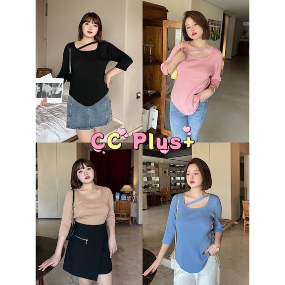 CiCi Plus+(1311)เสื้อไหมพรมคอกกลม ดีเทลสายไขว้หน้าเก๋ๆ ผ้าร่อง ทรงดีย์ สวยปังมากสาวอวบอ้วน