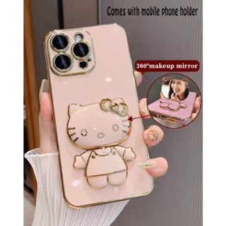 เคส OPPO A57 2022 4G A77 5G A77S A17 A17K A15 A16 A5S A7 A12 A3S A5 A15S กระจกแต่งหน้าแมวน่ารักเคสโทรศัพท์ 6D ชุบด้วยไฟฟ้า