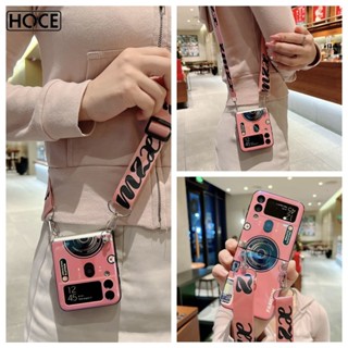 Hoce เคสโทรศัพท์มือถือ PC แบบแข็ง แต่งแสงสีฟ้า พร้อมสายคล้องไหล่ สําหรับ Samsung Galaxy Z Flip3 zflip5 Z Flip4 5G