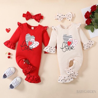 Babygarden-0-12months ชุดจั๊มสูทรอมเปอร์ แขนยาว พิมพ์ลายตัวอักษร หัวใจ พร้อมที่คาดผม ประดับโบว์ สําหรับวันวาเลนไทน์