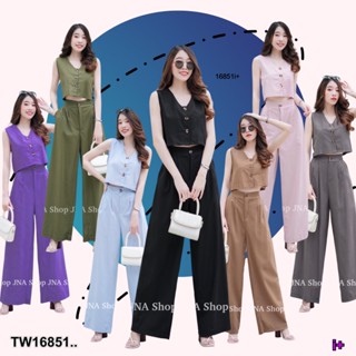 TwinsShopVip💗พร้อมส่ง TW16851 Set 2ชิ้น เสื้อครอปแขนกุดกระดุมหน้า+กางเกงขายาว..Set 2 pieces. Sleeveless crop t