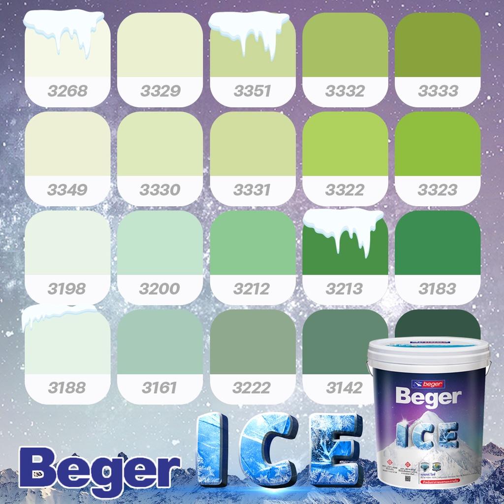 สีทาบ้าน 18 ลิตร Beger สีเขียวตอง กึ่งเงา Beger ICE สีทาภายนอกและใน เช็ดล้างได้ กันร้อนเยี่ยม เบเยอร์ ไอซ์