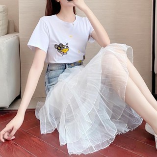 พร้อมส่ง ชุดเสื้อยืด กระโปรงยีน ทรงเอ ปักลาย สไตล์ตะวันตก แฟชั่นฤดูร้อน สําหรับผู้หญิง 2022