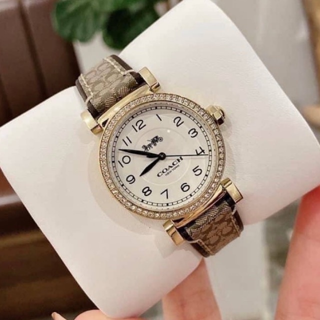 (ผ่อน0%)นาฬิกา สีทอง สายหนัง ลายC สีน้ำตาล Coach Gold Madison Brown Monogram Leather Glitz 14503397 Watch หน้าปัด 32 mm