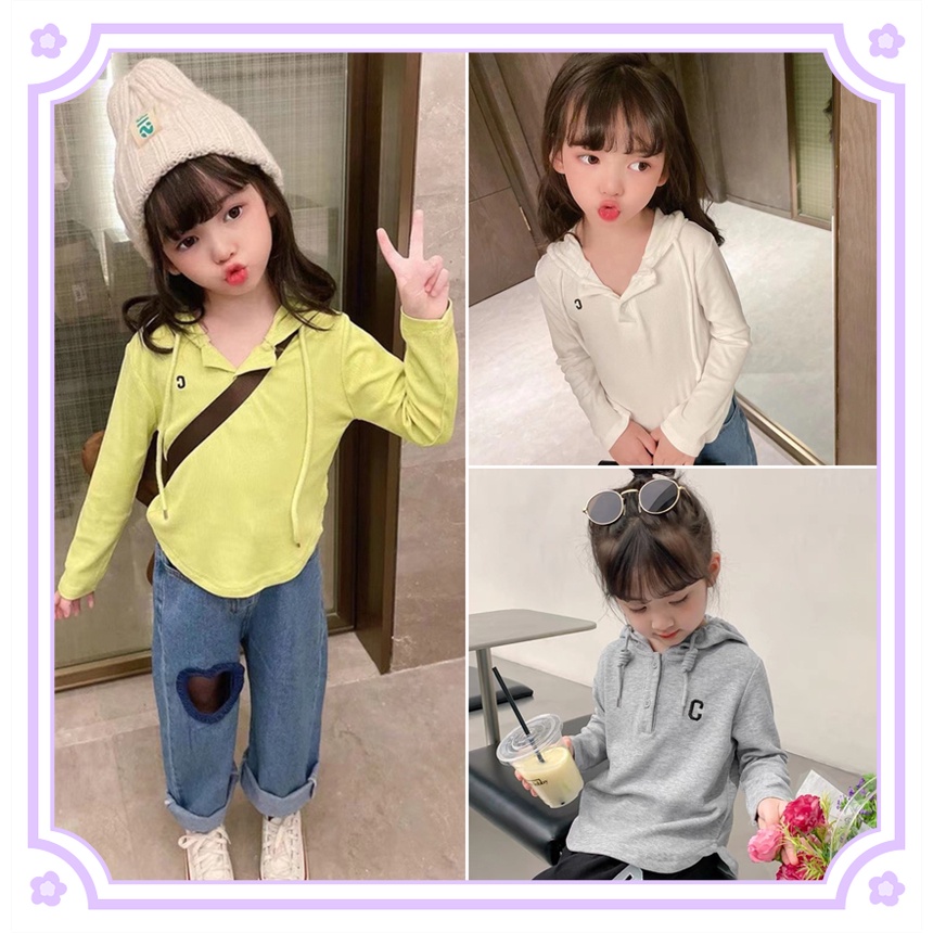 เสื้อยืดแขนยาวมีฮู้ดเด็กผู้หญิง ฤดูใบไม้ร่วงใหม่สาวน้อยตัวอักษร C เย็บปักถักร้อยด้านบนสบาย ๆ กีฬาลมเสื้อกันหนาวมีฮู้ด