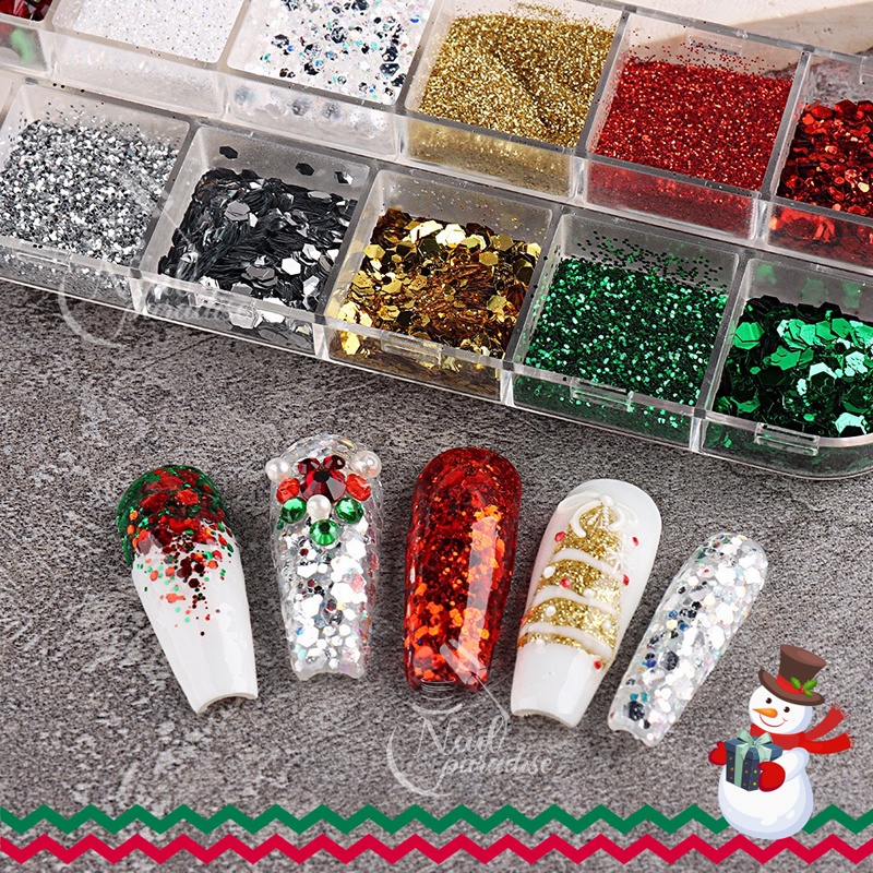 อะไหล่ติดเล็บ พร้อมส่งทุกวัน คละแบบกลิตเตอร์ Glitter Nail Decoration X'mas เพชร snowflake ผงกากเพชร ธีมคริสต์มาสติดเล็บ