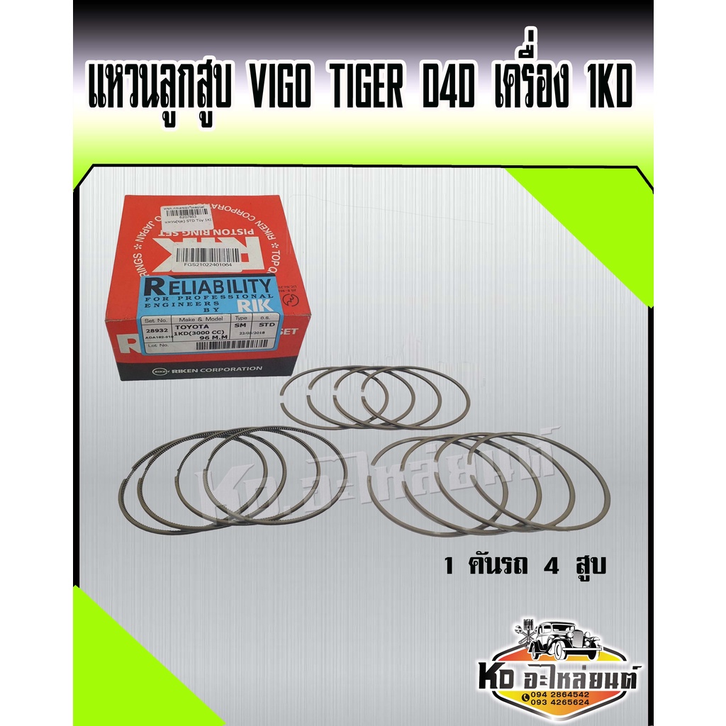 แหวนลูกสูบ 1KD TOYOTA VIGO TIGER D4D เครื่อง 3000 ไซค์ STD (1 คันรถ 4 สูบ) ยี่ห้อ RIK