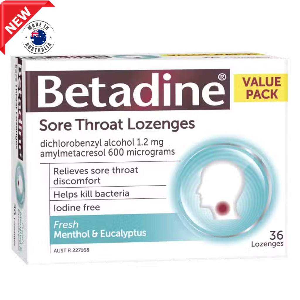 Betadine Sore Throat Menthol and Eucalyptus 36 Lozenges เม็ดอมฆ่าเชื้อลดการสะสมของเชื้อโรคและไวรัสในช่องปากและลำคอ