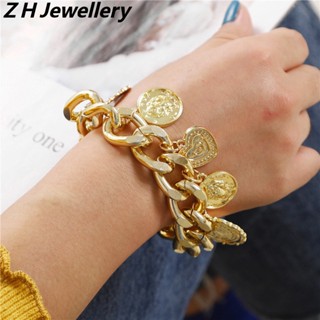 [Z H Jewelry] สร้อยข้อมือ จี้รูปปั้น สีทอง สไตล์ฮิปฮอป ร็อค เรโทร เครื่องประดับแฟชั่น สําหรับผู้หญิง