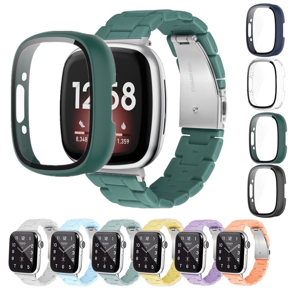 เคสโทรศัพท์มือถือ กระจกนิรภัย พร้อมสายคล้องพลาสติก สําหรับ Fitbit versa 4 Fitbit versa 3 Fitbit sens