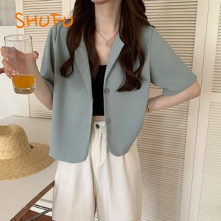 Shufu 2626 พร้อมส่ง เสื้อเบลเซอร์แขนสั้น คอปก สไตล์เกาหลี พลัสไซซ์ สําหรับผู้หญิง