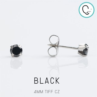 (ส่งฟรี)ต่างหูสำหรับผิวแพ้ง่าย 4MM BLACK CUBIC ZIRCONIA ก้านสีเงิน สแตนเลสเกรดการแพทย์ ปลอดภัย 100%_STD039