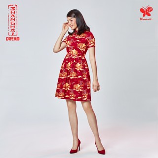 Papillon - Woman Shanghai Dream  Satin Dress with Sleeves เดรสตรุษจีน พิมพ์ลายมังกร