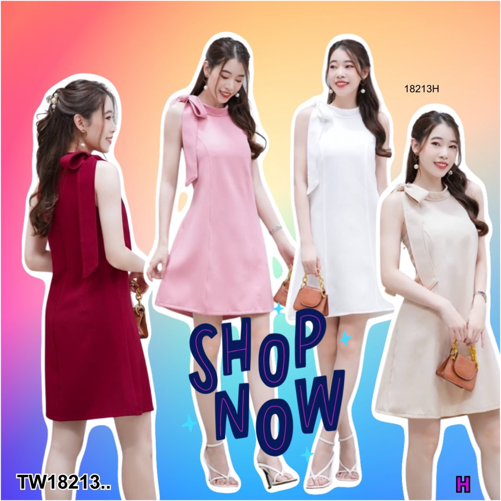 TwinsShopVip พร้อมส่ง TW18213 มินิเดรส โบวไหล่สีพื้น ..