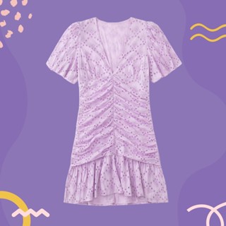 [𝗣𝗥𝗘-𝗢𝗥𝗗𝗘𝗥]🪁Purple eyelet short dress เดรสกระโปรงสั้นผ้าฉลุ ดีเทลย่นช่วงตัว