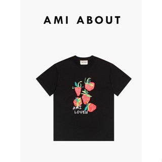 2023 Amiabout เสื้อยืดแขนสั้น ผ้าฝ้าย ทรงหลวม พิมพ์ลายสตรอเบอร์รี่ สีดํา แฟชั่นฤดูร้อน สําหรับผู้หญิง และคู่รัก