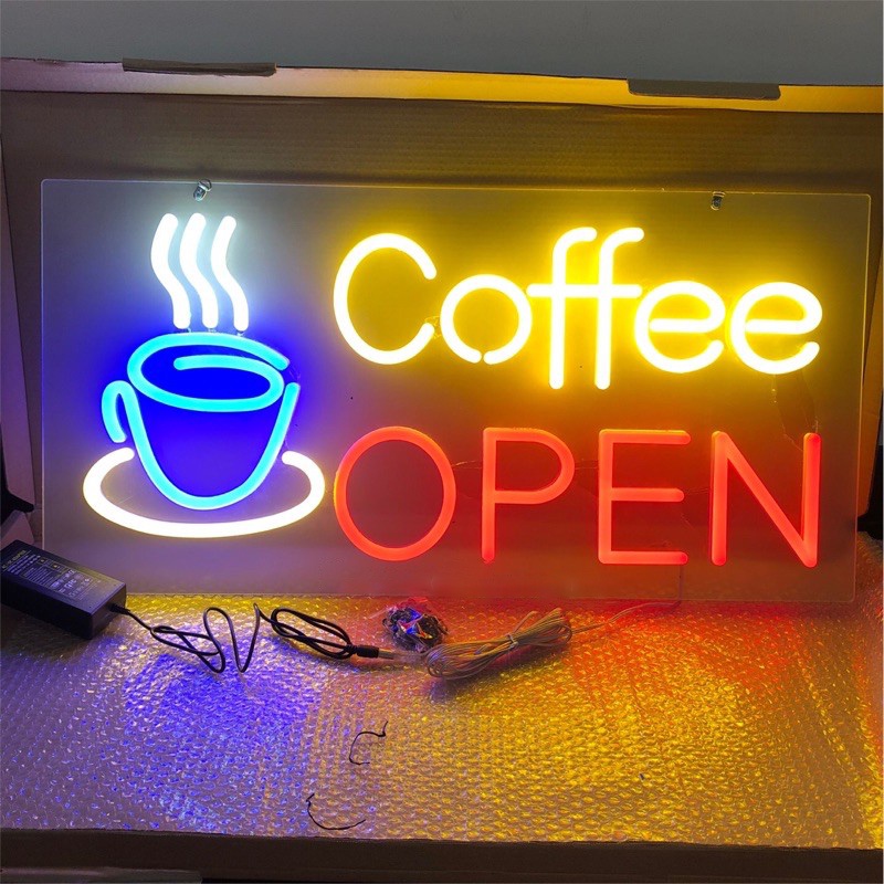 ป้ายไฟนีออน ป้ายไฟหน้าร้าน ป้ายไฟLED ป้ายไฟ coffee-open/พื้นหลังสีใส ขนาด 60x30cm