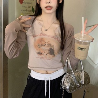 Suxi เสื้อครอปท็อป แขนยาว พิมพ์ลายแมว เข้ารูป เข้ากับทุกการแต่งกาย สําหรับผู้หญิง