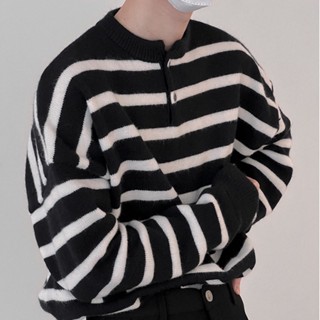 เสื้อกันหนาวลําลอง คอกลม ผ้าถัก ลายทาง สําหรับเด็กผู้ชาย