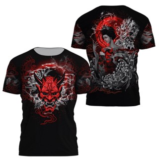 เสื้อยืดแขนสั้นลําลอง พิมพ์ลาย Samurai Oni Mask Tattoo 3 มิติ แฟชั่นฤดูร้อน สไตล์ฮาราจูกุ สําหรับผู้ชาย และผู้หญิง