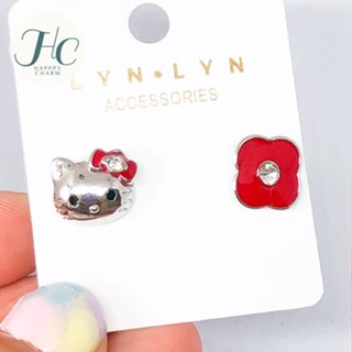 ต่างหูเงินคิตตี้ Hello Kitty ผูกโบว์สีแดง และดอกไม้สีแดง ประดับเพชร earrings ต่างหูเด็ก