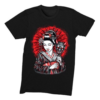 เสื้อยืดคอกลม พิมพ์ลาย Geisha Oni Mask Yokai Ogre Kuruoshiki Asian Art สําหรับผู้ชาย