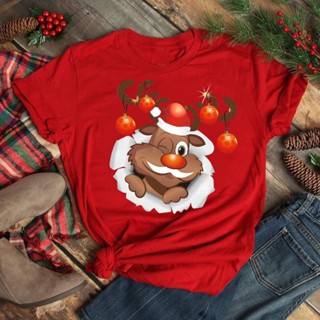 CUSTOM Reindeer Merry christmastshirt ใหม่คริสต์มาสตลกกวางเรนเดียร์พิมพ์เสื้อยืดแขนสั้น