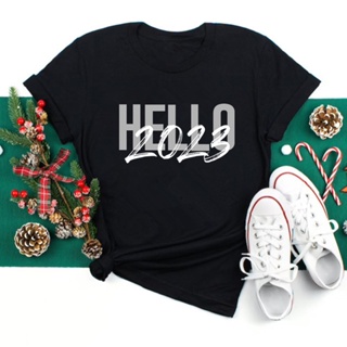 T-[Ready Stock] Hello 2023 Women T-shirt Black Short Sleeve New Year Tops Casual Christmas Tee