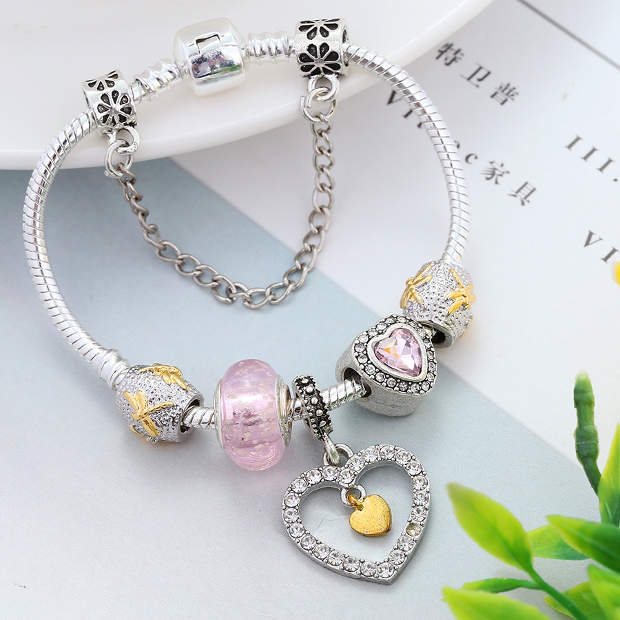 Dinglly สร้อยข้อมือลูกปัด รูปหัวใจ ดอกไม้สีชมพู ผีเสื้อ สําหรับผู้หญิง DIY สีเงิน สร้อยข้อมือลูกปัด