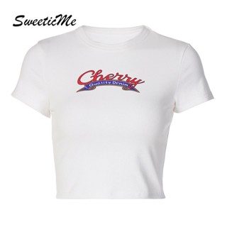 Sweeticme ใหม่ เสื้อยืดลําลอง แขนสั้น คอกลม เข้ารูป พิมพ์ลาย แฟชั่นสําหรับสตรี 2022