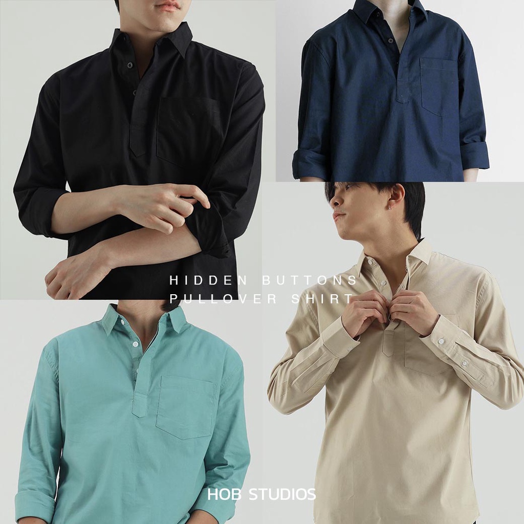 🔥ทักแชทรับโค้ดลดเพิ่ม Hidden buttons pullover shirt เสื้อเชิ้ตผู้ชายรุ่นสวมหัวกระดุมซ่อน (5/56-25)