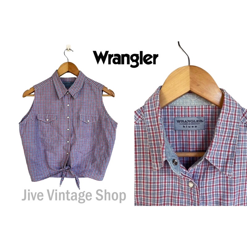 เสื้อ Wrangler วินเทจ ทรง crop แขนกุด ผูกเอว ลายสก็อต สีแดงน้ำเงิน size L มือสอง สภาพดีจากตู้ญี่ปุ่น