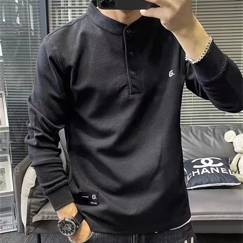 เสื้อกันหนาวแขนยาว คอปก แบบสวมหัว ปักลาย สีพื้น สําหรับผู้ชาย