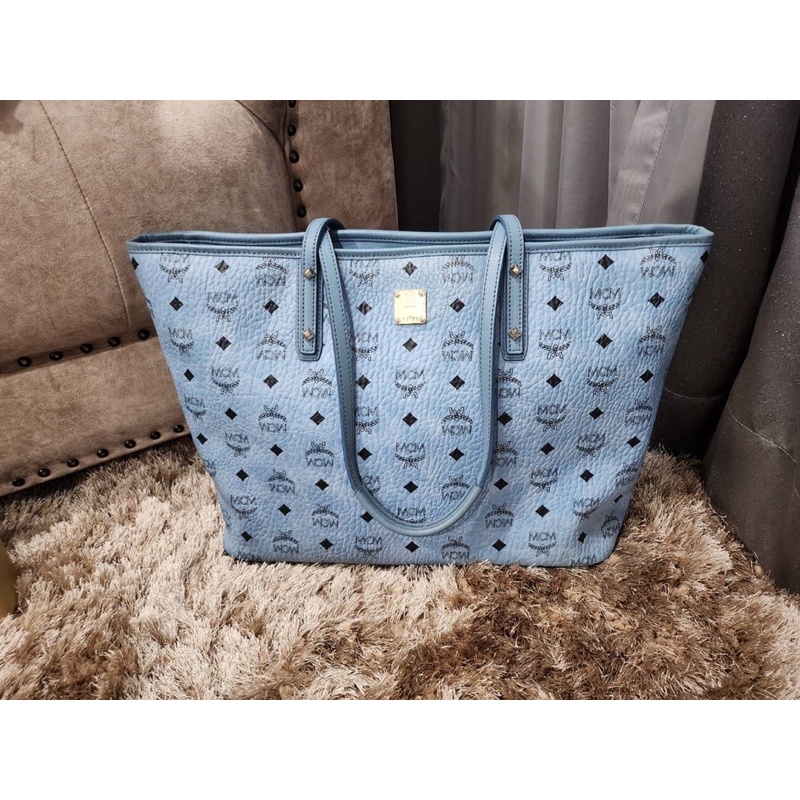 MCM Visetos Medium Anya Zip Top Shopper Tote Blue