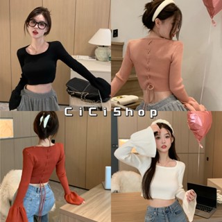 Cicishop(1470)เสื้อไหมพรมแขนยาว คอเหลี่ยมแต่งแขนปลายระบาย มีสายเชือกรูดหลังแอบแซ่บเบาๆ