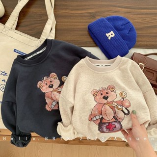 ✨【พร้อมส่ง】เสื้อสเวตเตอร์แขนยาว คอกลม ผ้าฝ้าย 1-12Y100% พิมพ์ลายการ์ตูนหมี สําหรับเด็กผู้ชาย และเด็กผู้หญิง