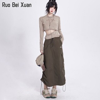 RUO BEI XUAN กระโปรงยาวปานกลางของผู้หญิงใหม่ความรู้สึกการออกแบบของเกาหลี Drawstring ผิดปกติกระโปรง