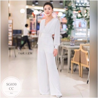 SS030 Jumpsuit ชุดจั้มสูทขายาวทรงหรู แต่งทรงบอลลูน คอวีแต่งลูกไม้