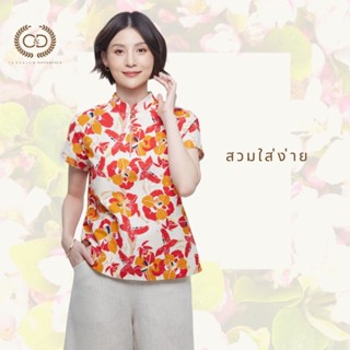 C&amp;D เสื้อผู้หญิง Cotton Blouse เบลาส์ คอจีน แขนสั้น เนื้อผ้าคอตตอน พิมพ์ลายดอกกล้วยไม้ญี่ปุ่น (CZ1JRE)