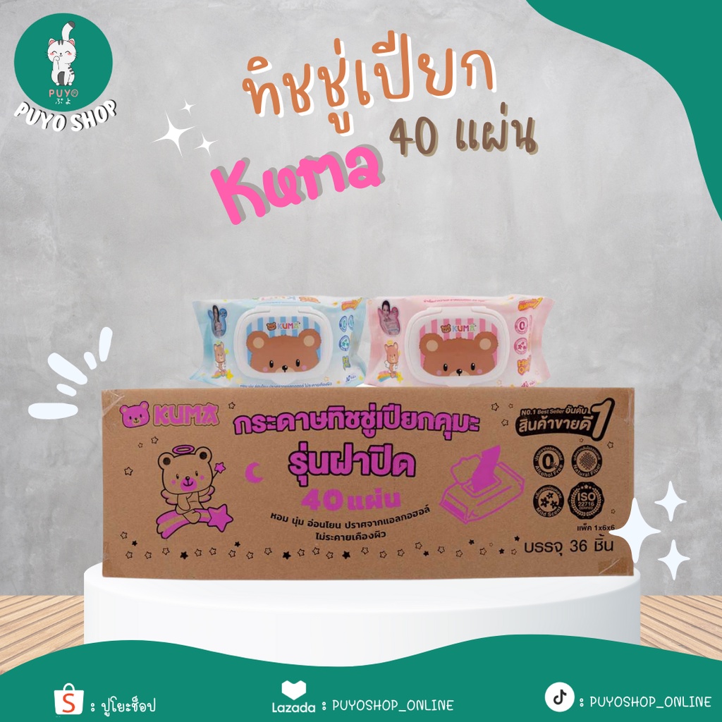ถูกที่สุด (ยกลัง) ทิชชู่เปียกคุมะ รุ่นฝาปิด 40 แผ่น