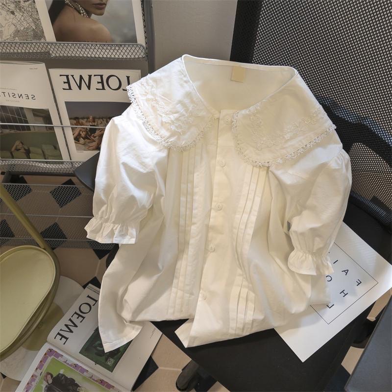 maoziicute [พร้อมส่ง]เสื้อหูกระต่ายคอบัวตกแต่งลูกไม้(A41)